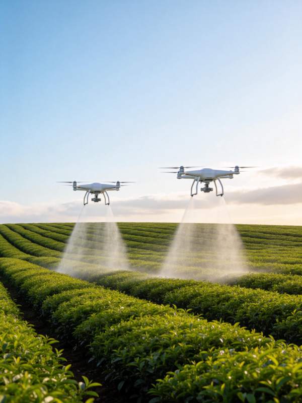 两架无人机在茶园上空喷洒作业图片