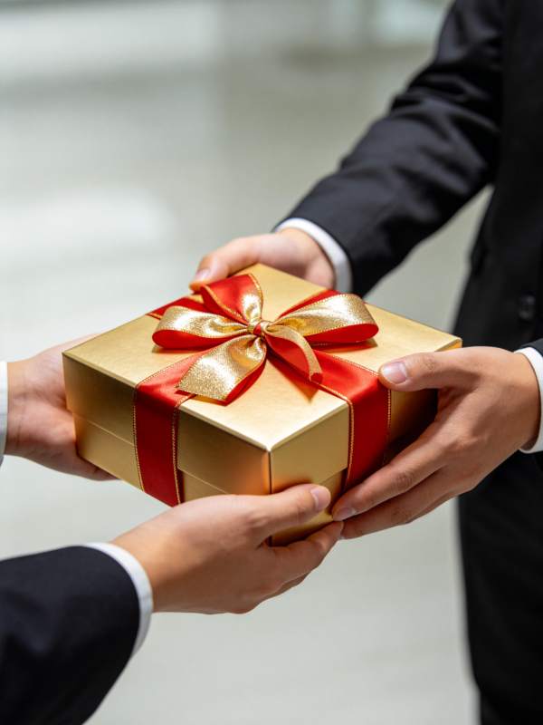 两人交接金色礼盒红色蝴蝶结包装图片