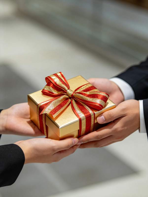 双手交接金色礼盒红金丝带装饰图片