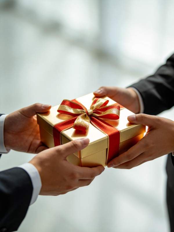 两人交接金色礼盒红色蝴蝶结包装礼物图片