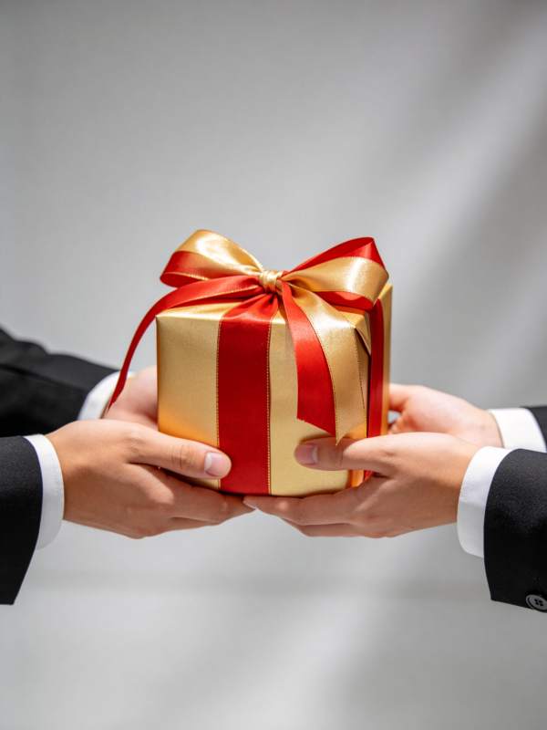 两人双手交接金色礼盒红色丝带装饰图片