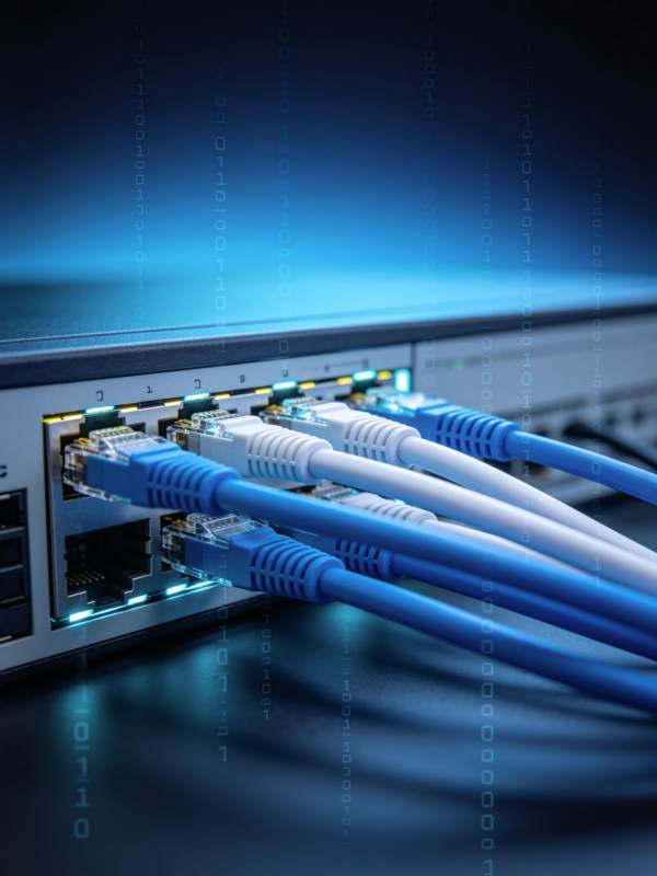 网络交换机连接多根网线传输数据图片