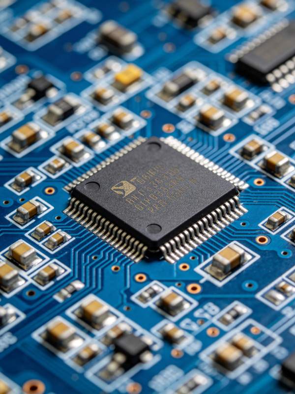 蓝色电路板上集成芯片与电子元件特写图片