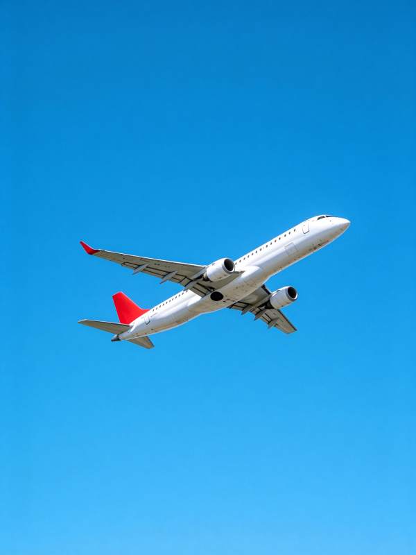 白色客机红尾翼蓝天飞行特写图片