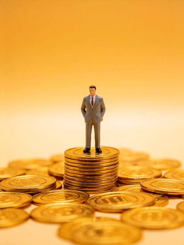 微型商人模型站立在金币堆顶部图片