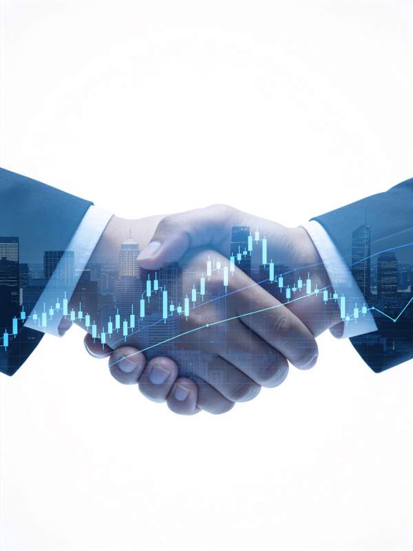 商务握手叠加金融图表与城市剪影背景图片
