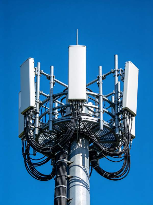 通信基站天线阵列与线缆连接结构特写图片