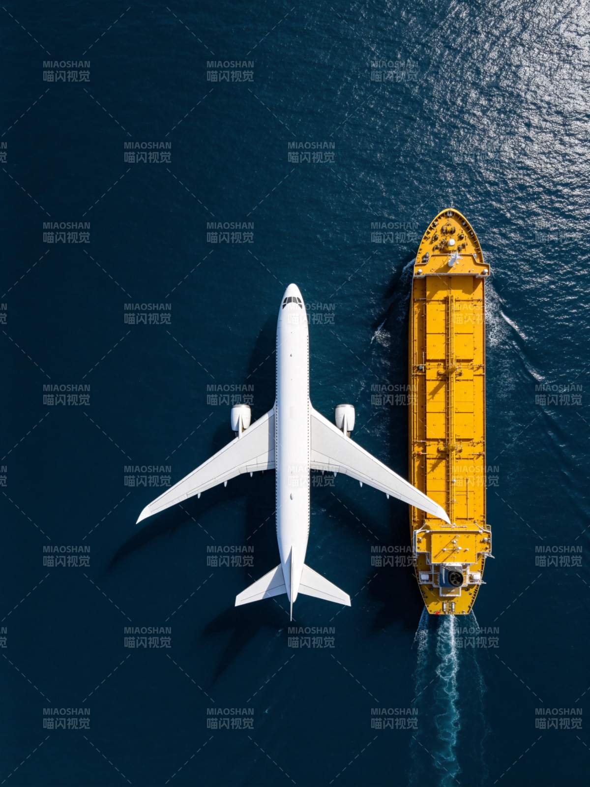 白色客机与黄色货轮并行于深蓝海面之上图片