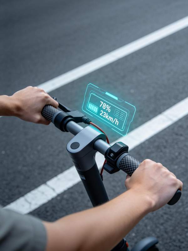电动滑板车把手与悬浮显示界面特写图片