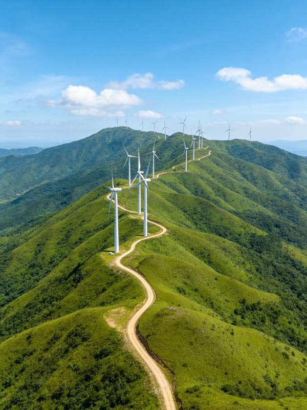 青山之巅蜿蜒山路旁矗立多座风力发电机图片