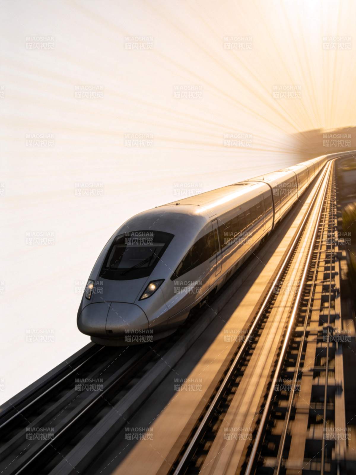 高速列车在晨光中疾驰于轨道之上图片
