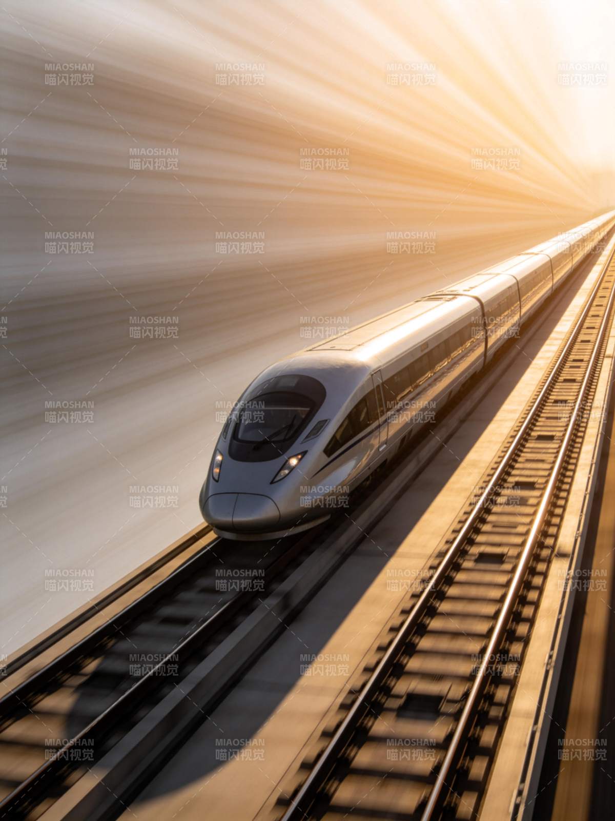 高速列车在轨道上疾驰产生动态光效图片