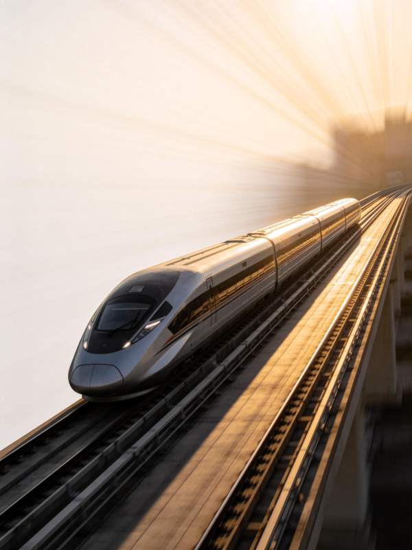 高速列车在晨光中疾驰于高架轨道之上图片