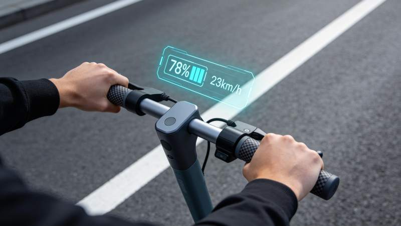 电动滑板车骑行中显示电量与速度信息图片