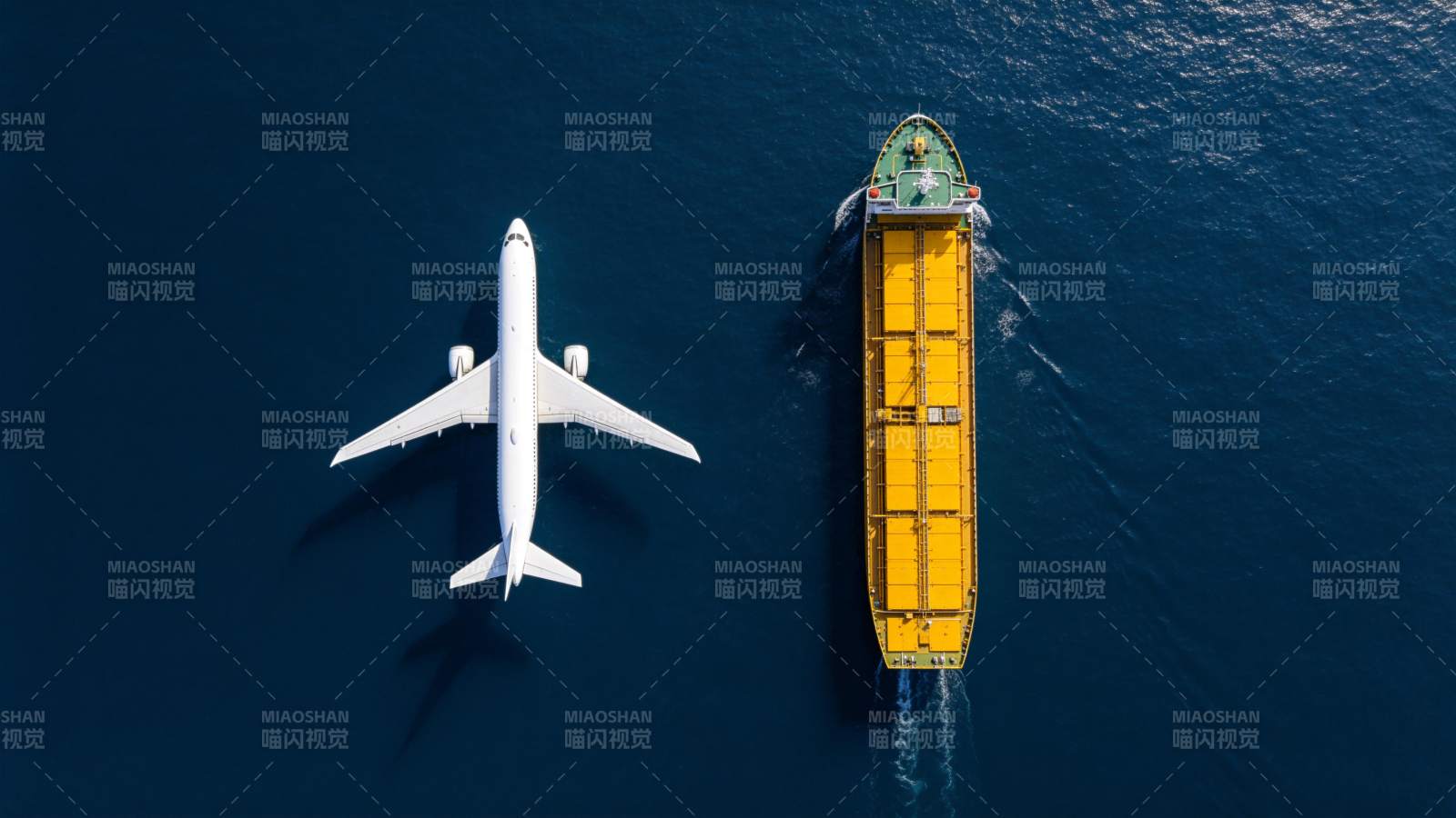 飞机与货轮在深蓝海面并行航行俯瞰图图片