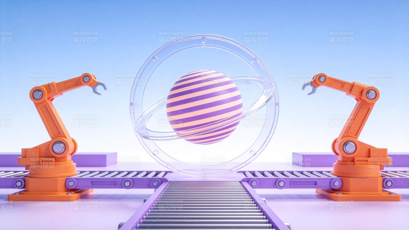 橙色机械臂操作条纹球体的科技场景图片