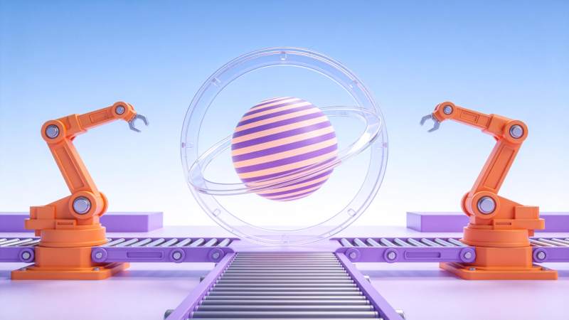 橙色机械臂操作条纹球体的科技场景图片