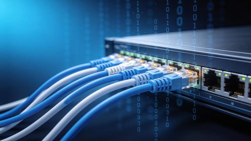 网络交换机连接多根网线传输数据图片