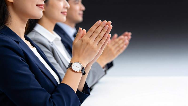 三位职场人士并排鼓掌致意场景图片