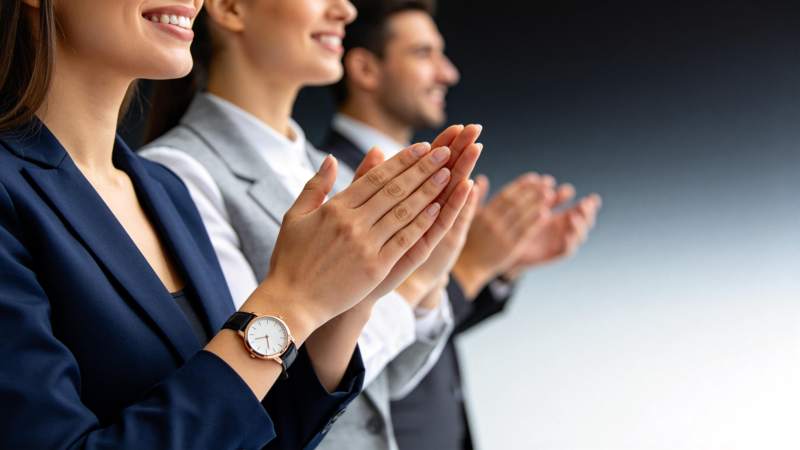 三位职场人士并排鼓掌微笑特写图片