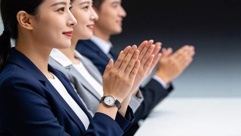 职场人士整齐鼓掌展现专业礼仪风貌图片