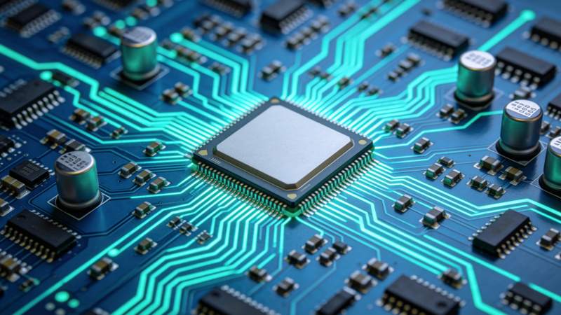 蓝色电路板上发光的集成电路芯片特写图片