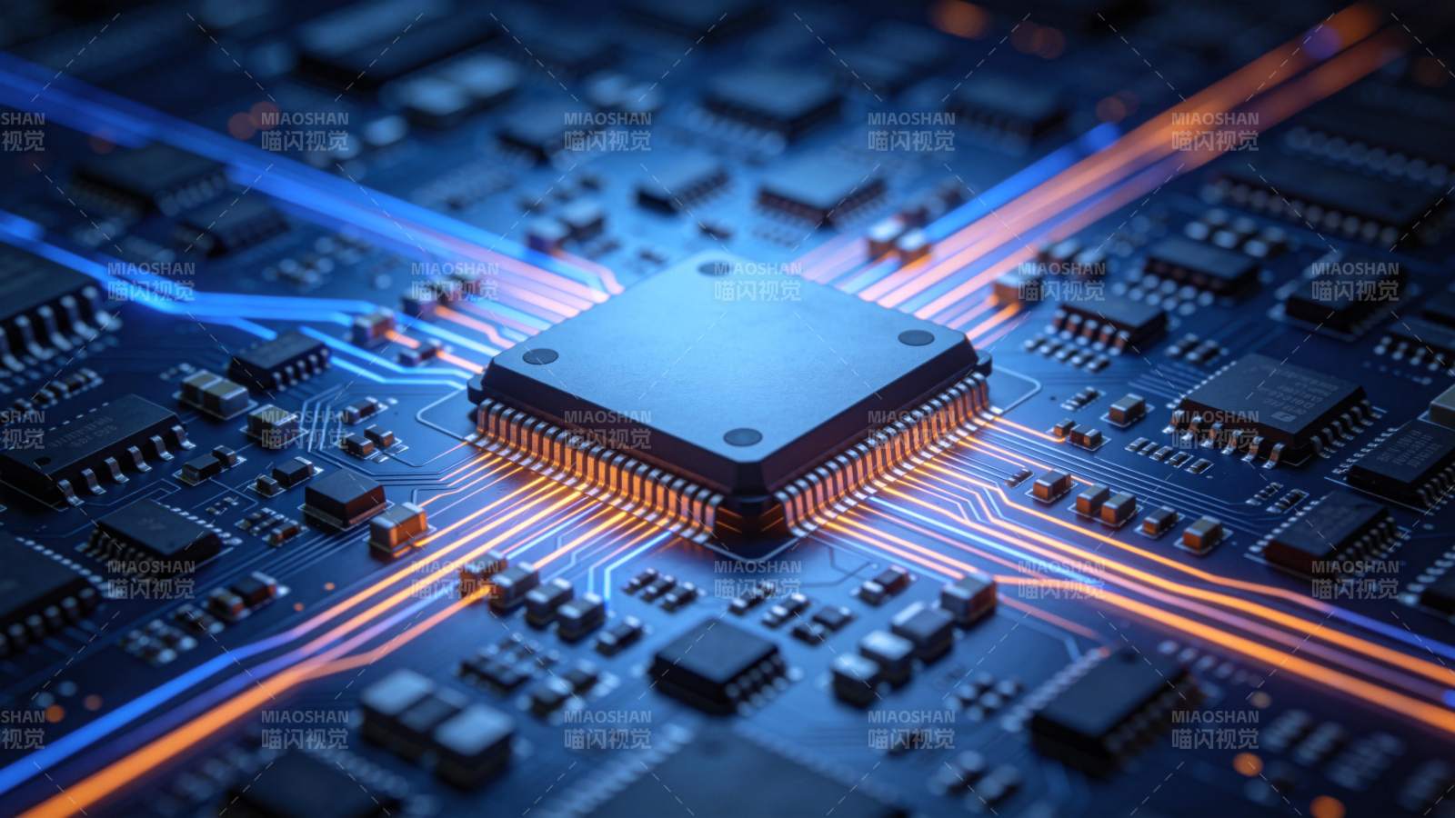 蓝色电路板上发光芯片与线路特写图片