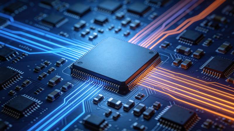 蓝色电路板上发光芯片与彩色导线特写图片