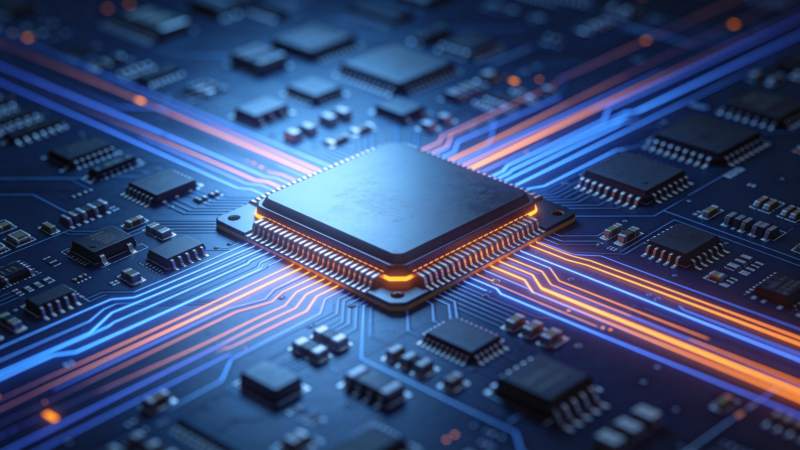 蓝色电路板上发光芯片与导线特写图片