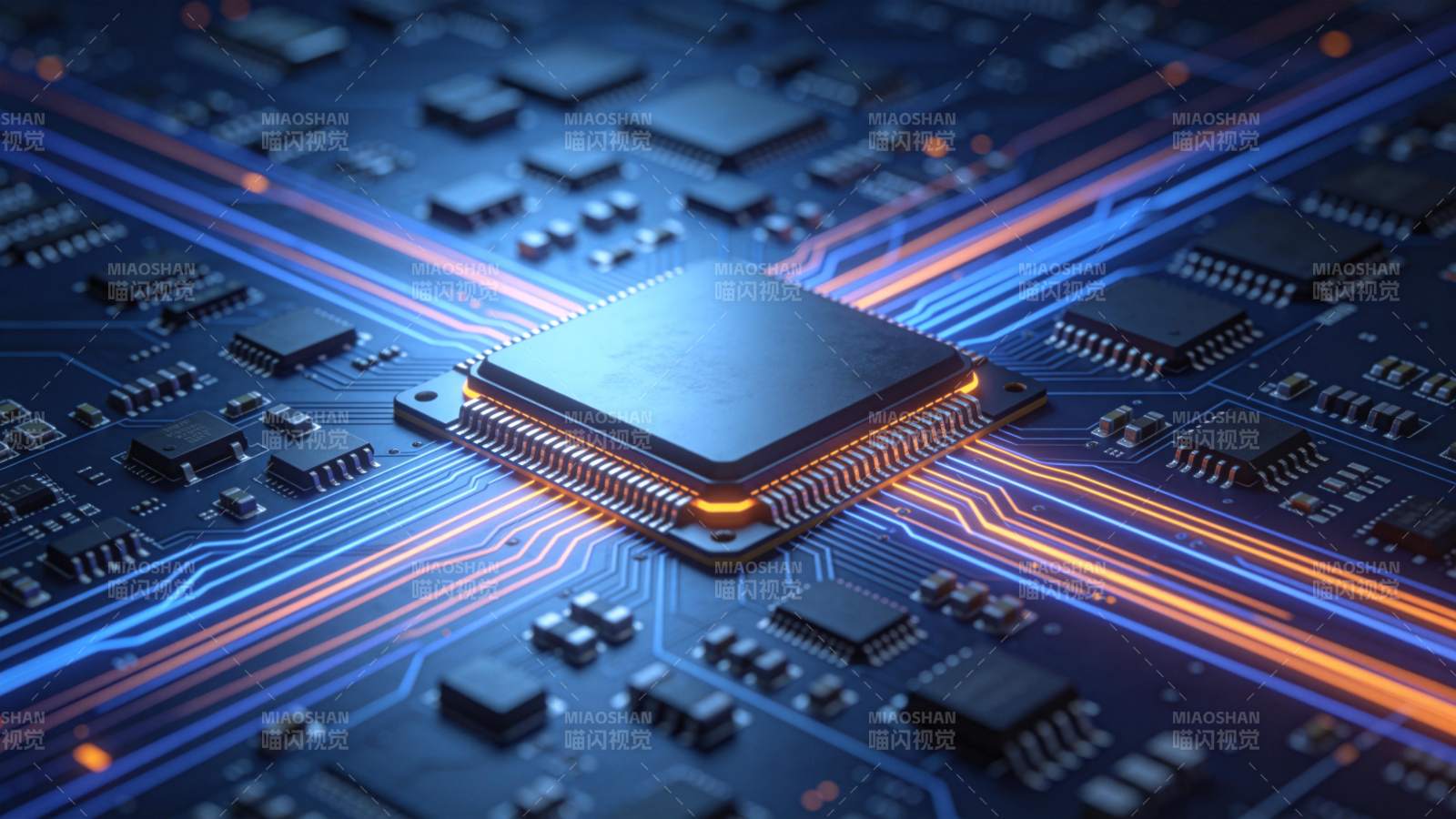 蓝色电路板上发光芯片与导线特写图片