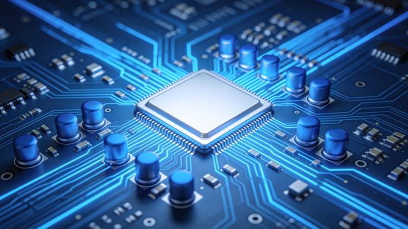 蓝色发光电路板上的中央处理器芯片特写图片