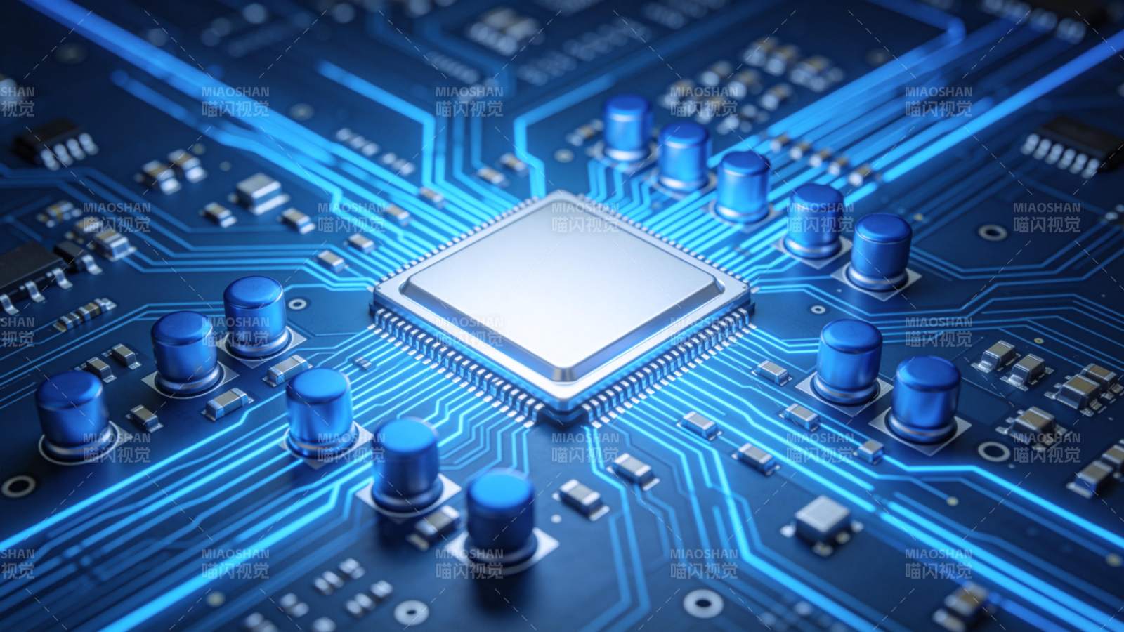蓝色发光电路板上的中央处理器芯片特写图片