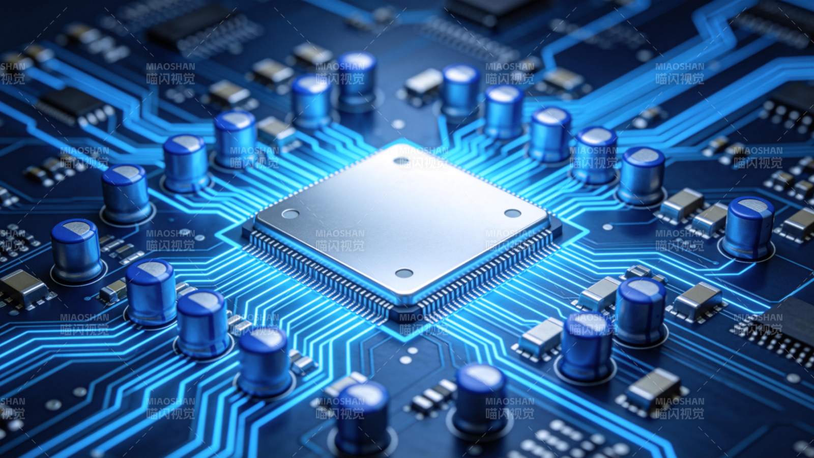 蓝色发光电路板上的中央处理器芯片特写图片