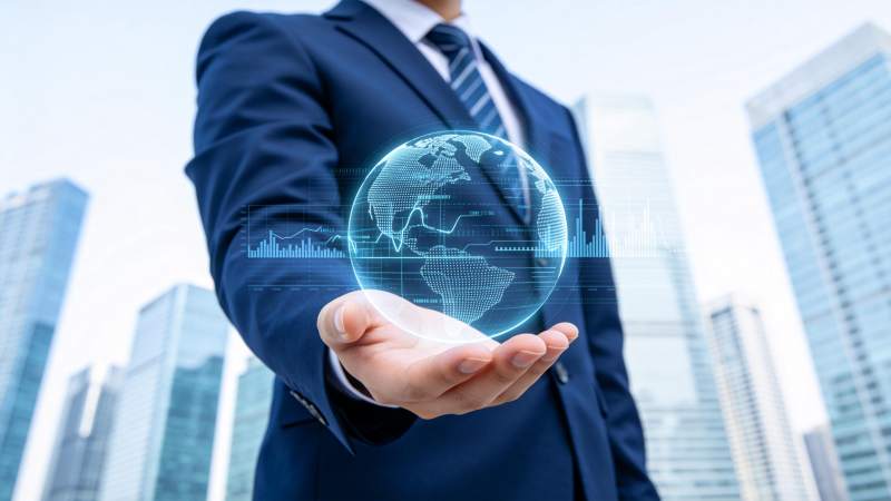 商务人士托举全息地球与数据图表图片