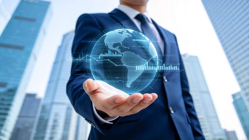 商务人士托举全息地球与数据图表图片