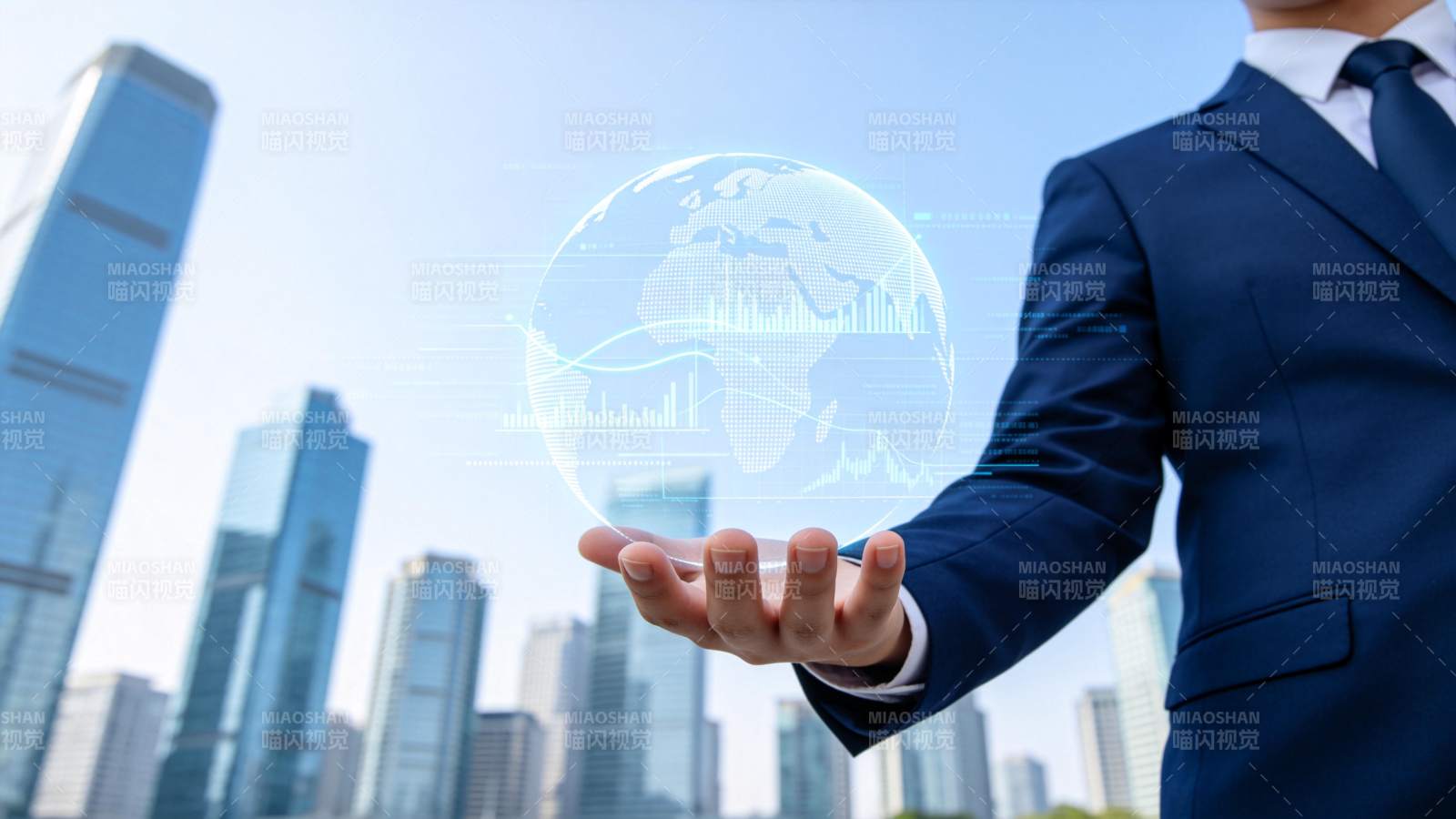 商务人士托举全息地球与数据图表图片