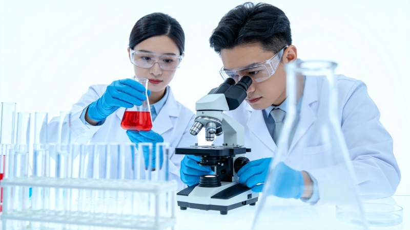 实验室中科研人员进行显微观察与溶液分析图片