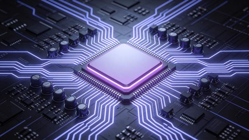 发光集成电路芯片与蓝色电路板特写图片