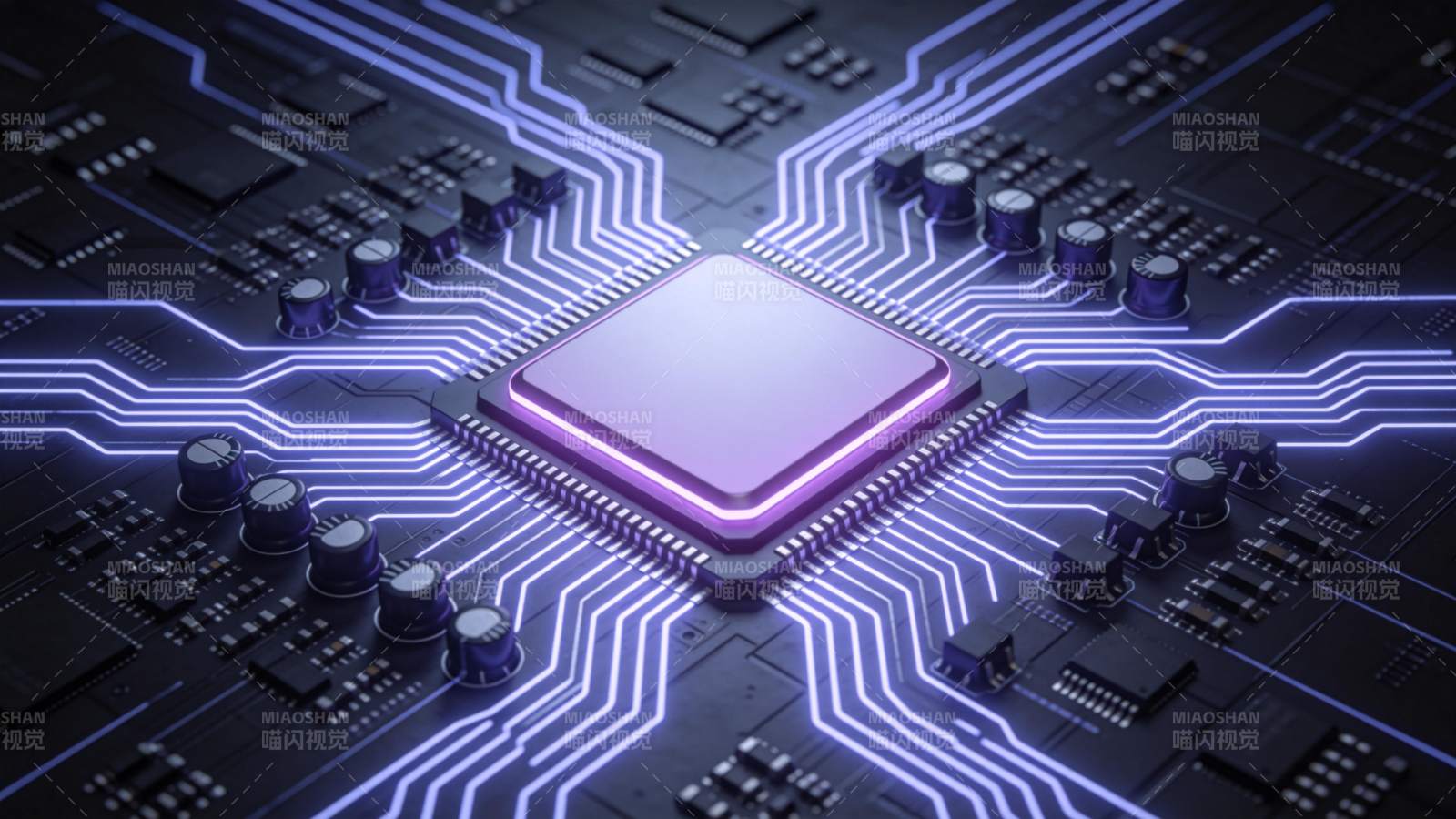 发光集成电路芯片与蓝色电路板特写图片