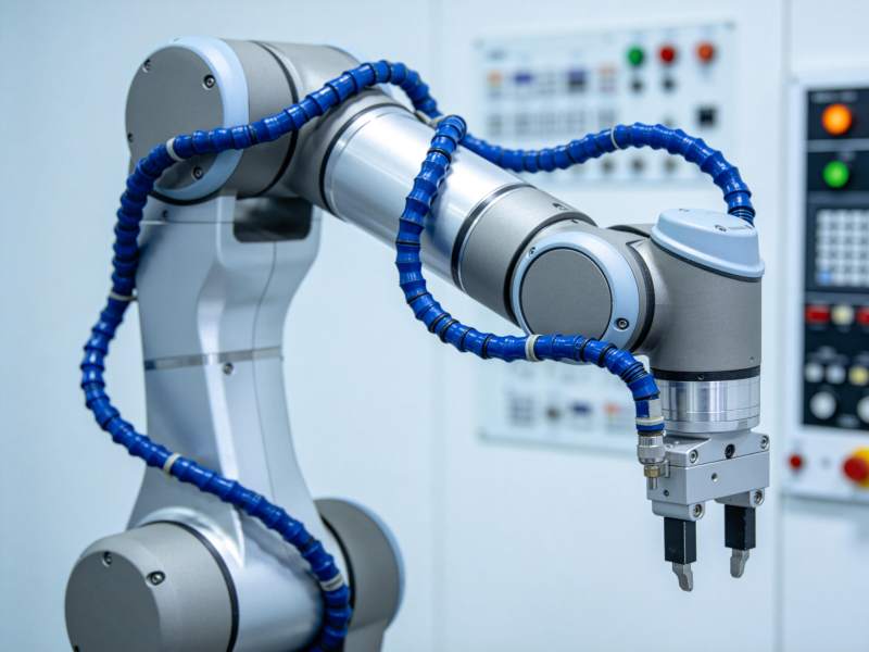 工业机械臂配备蓝色软管与夹爪装置图片