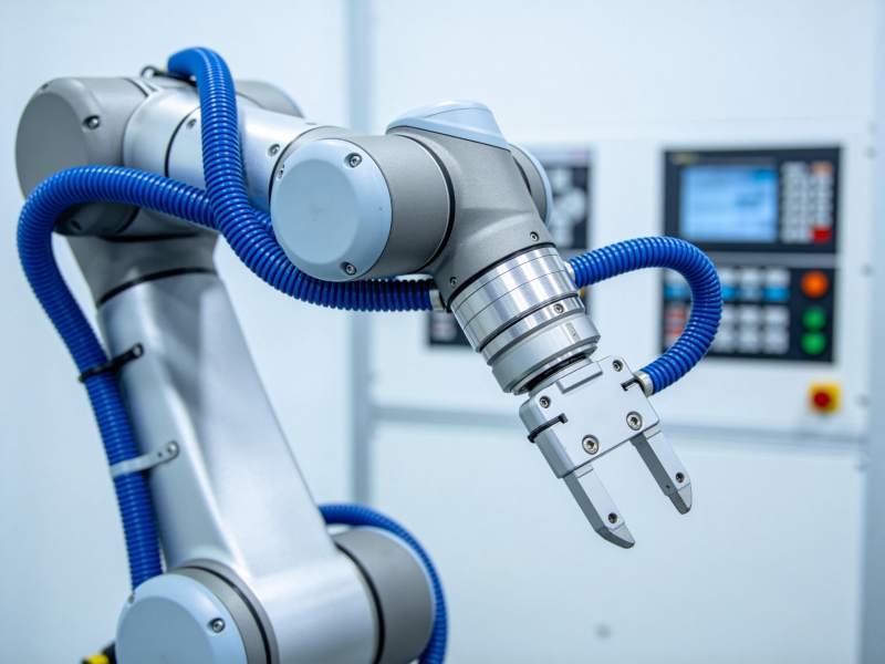 工业机械臂特写展示精密结构与蓝色管线图片