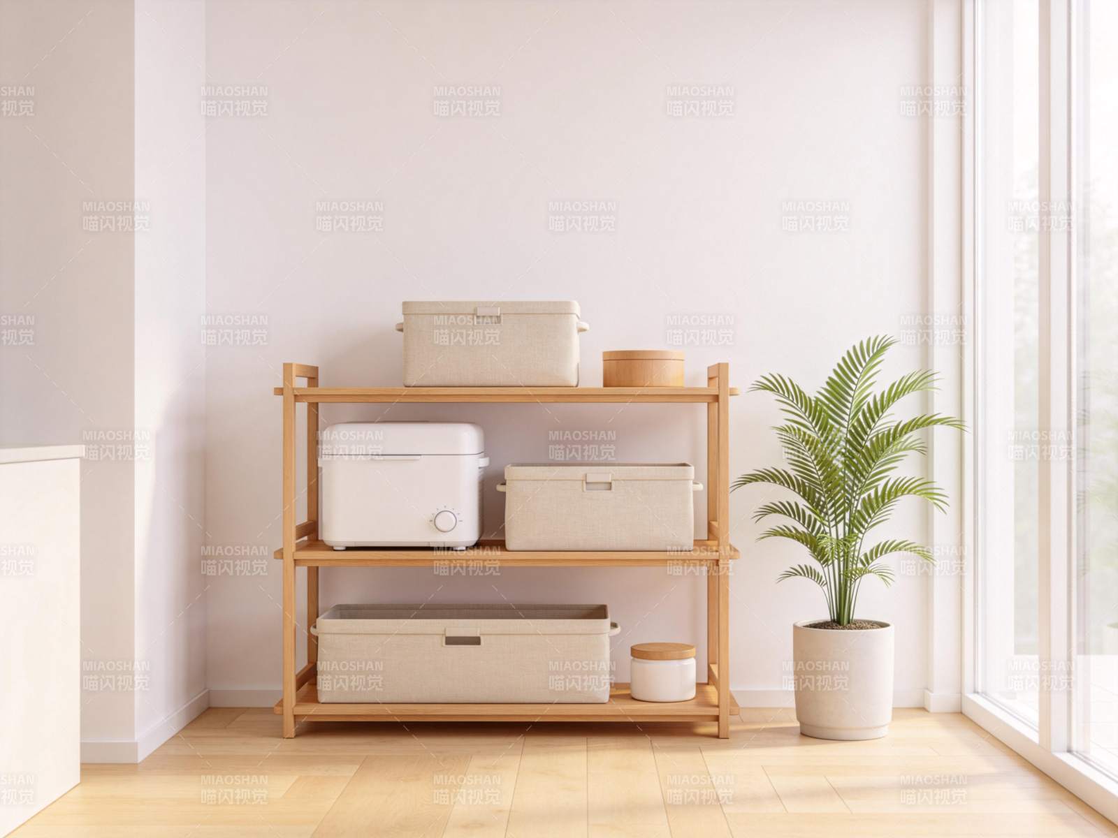 木质置物架摆放收纳盒与小家电绿植图片