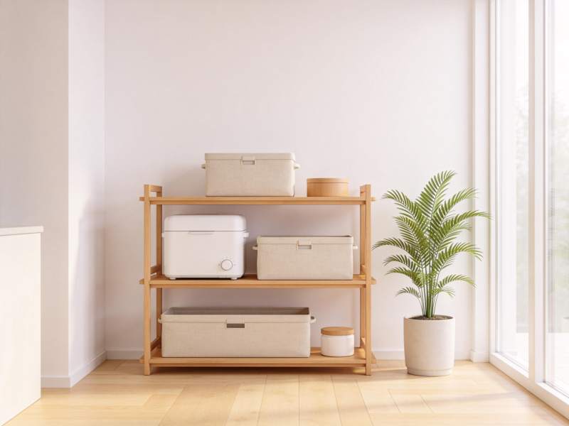 木质置物架摆放收纳盒与小家电绿植图片