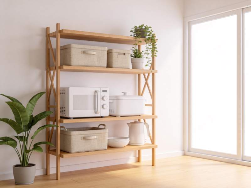 木质置物架摆放微波炉收纳盒绿植等物品图片