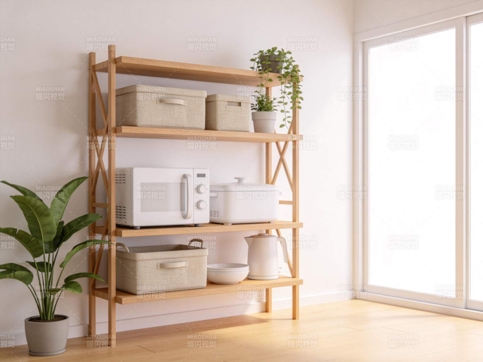 木质置物架摆放微波炉收纳盒绿植等物品图片