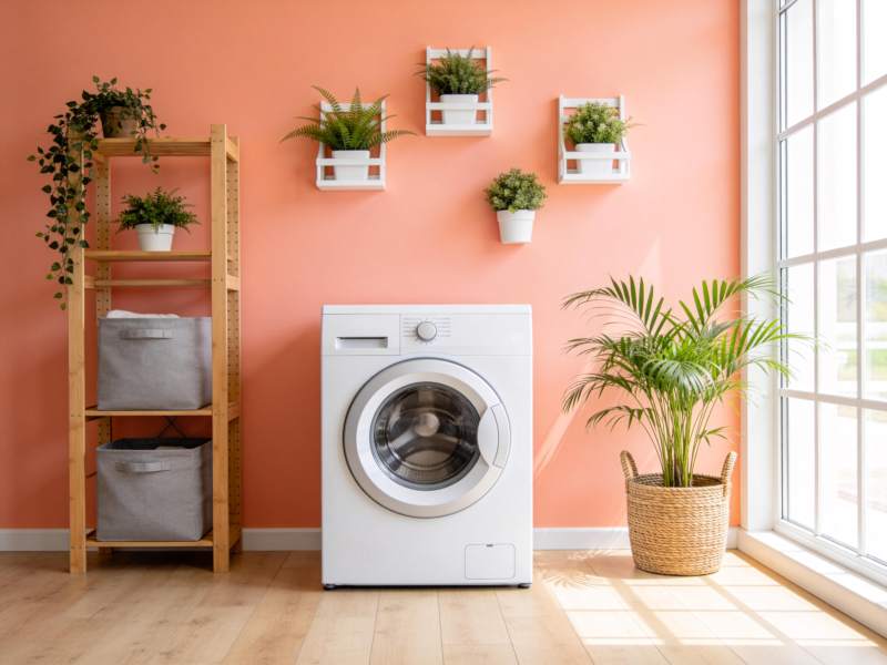 粉色墙面旁的白色洗衣机与绿植装饰场景图片