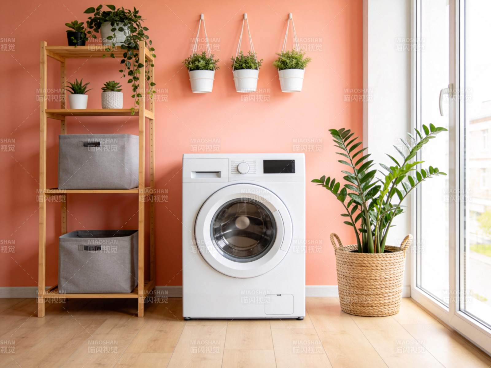 室内洗衣区布置含洗衣机绿植与收纳架图片