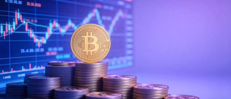 比特币金币堆叠于金融图表背景前图片