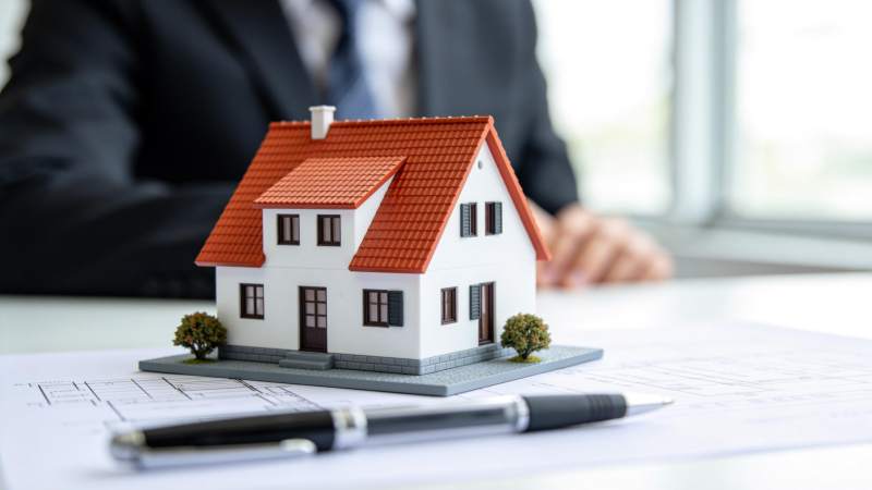 办公桌上房屋模型与建筑图纸及签字笔图片