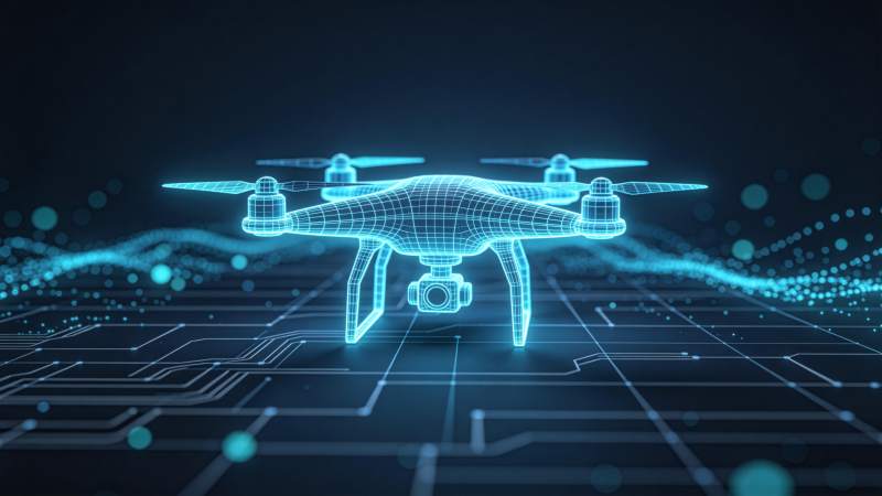 蓝色线框无人机悬浮于电路板背景之上图片